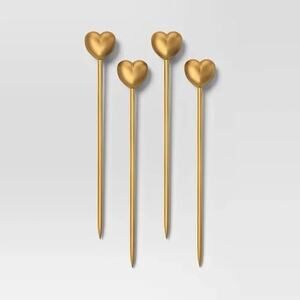 Threshold NWT Open Box Gold Heart Cocktail Picks 4 Piece Valentine's Day
